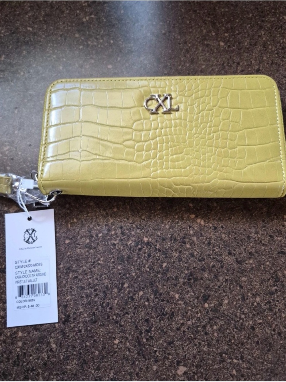 Christian Lacroix Olive Green Croc-Embossed Zip Wallet